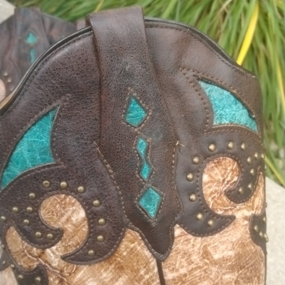 CORRAL AB019 "El Paso" leather snip toe cowgirl boot tan/brown/turquoise sz 9.5 - Picture 7 of 14